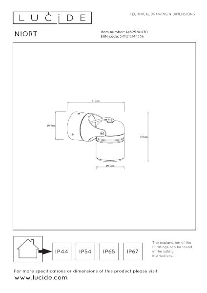 Lucide NIORT - Wandspot / Wandlamp Binnen/Buiten - 1xGU10 - IP44 - Zwart - technisch